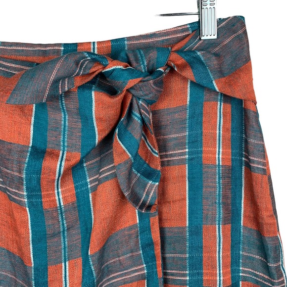 Ann Taylor Faux Wrap Skirt Plaid Linen Blue Orange Women’s 2 - Picture 2 of 7